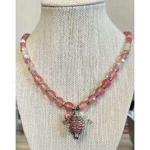 Rose quartz beaded necklace‎ with stainless locket for beads - perfumed ball